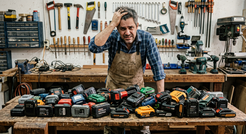 Resumo Executivo
Se você busca compatibilidade de baterias 18V 20V 21V padrão Makita para parafusadeiras, estas são as cinco verdades que este guia comprova com dados:

🔋 18V nominal = 20V Max ≈ 21V de pico. A diferença é puramente de nomenclatura comercial — eletricamente são 5 células de lítio em série (configuração 5S).
🌍 
10
O sistema LXT é o maior sistema de ferramentas sem fio compatíveis do mundo, movido por baterias 18V tipo slide, com mais de 350 soluções disponíveis.
🔌 
1
O carregador LXT se comunica com as células da bateria, controlando corrente, voltagem e temperatura para uma recarga rápida e equilibrada — o chip de memória grava o histórico de uso e transmite para o carregador, aumentando a vida útil. Baterias genéricas sem esse chip não carregam corretamente no carregador original.
💸 Dezenas de marcas copiam o encaixe slide Makita LXT, mas poucas replicam a eletrônica de segurança (BMS) e as certificações.
⚠️ Para uso doméstico e hobbysta, baterias genéricas de marcas validadas oferecem boa relação custo-benefício. Para uso profissional diário, invista nas originais.
Regra de ouro: se a sua segurança ou o seu faturamento dependem da ferramenta, não economize na bateria.

