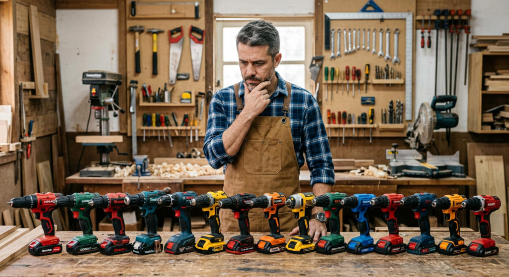 Resumo Executivo (Leia em 60 Segundos)
Se você quer “comprar uma vez e trabalhar anos”, a tríade mais segura é DeWalt DCD801 (20V MAX XR), Bosch GSB 185-LI (18V Brushless) e Makita HP333D/HP331D (12V CXT) — especificações rastreáveis, rede de assistência técnica consolidada e menos “números de marketing”.

Para uso doméstico leve, a Bosch GSR1000 Smart 12V e a Makita HP333D dominam pela confiabilidade e custo-benefício. Para uso profissional pesado, a Bosch GSB 18V-150 C (150 Nm) e a Makita DHP486 (141 Nm) são referências absolutas em torque e durabilidade.

Para parafusar com soquete e bit sem adaptador, a Bosch GDX 18V-285 é um “2 em 1″ único (1/2″ + 1/4”) com 285 Nm de aperto e 500 Nm de reversão.

Marcas emergentes como Deko, Hanabi e DCA oferecem opções acessíveis, mas com ressalvas em assistência técnica e durabilidade a longo prazo. Marcas como Dobevi, The Black Tools, Fulink, Tork Power, Aika, Cyberlit, Ironhoof e Kanit possuem dados independentes muito limitados — compre com cautela.

⚠️ Cuidado com 21V genérico: é frequente a divergência de ficha técnica entre anúncios e páginas oficiais. A Hanabi CY-3003, por exemplo, aparece com specs diferentes no Mercado Livre (45 Nm / 0–400/1.450 rpm) vs. site da marca (35 Nm / 0–450/1.700 rpm) — divergência de 22% no torque declarado.